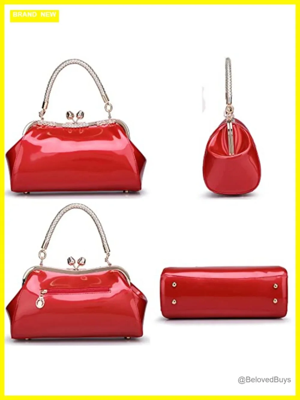 Glossy Faux Patent Leather Kiss Lock Top Handle Satchel Crossbody Bag